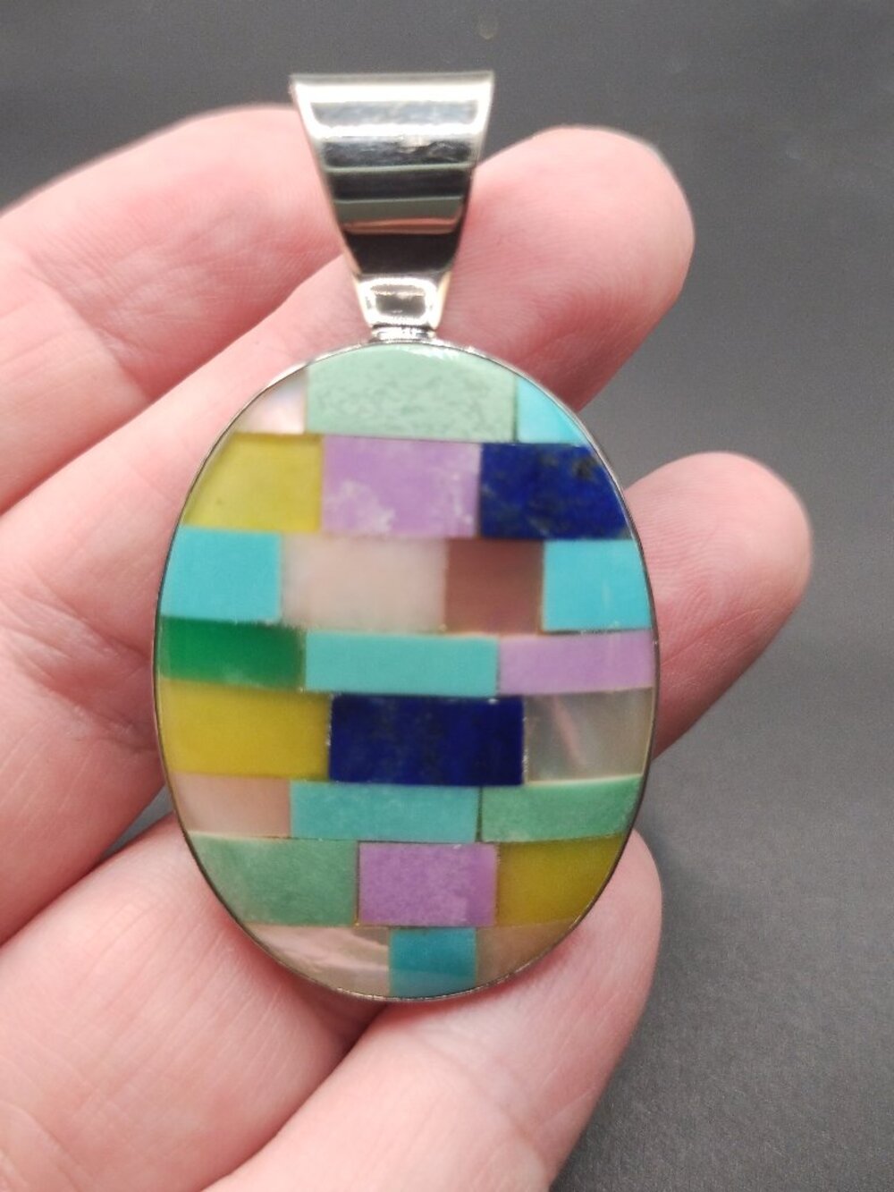 Jay King DTR multi stone inlay pendant 925 Sterling Silver large bail mine finds